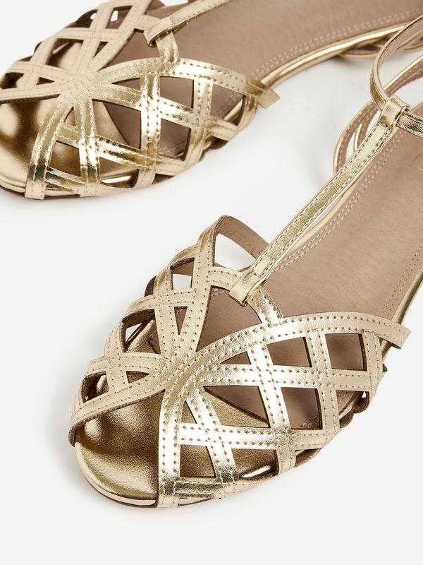 Linzi Gold Faux Leather Caged Flat Sandal