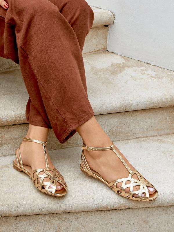 linzi Gold Faux Leather Caged Flat Sandal