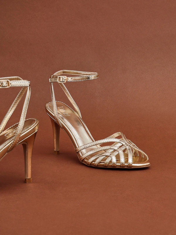 linzi Gold Faux Leather Caged Stiletto Heel