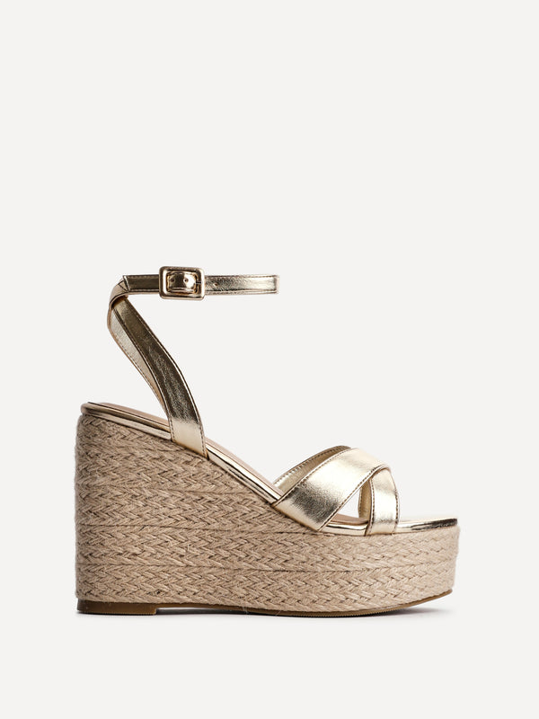Linzi Gold Faux Leather Crossover Espadrille Wedge