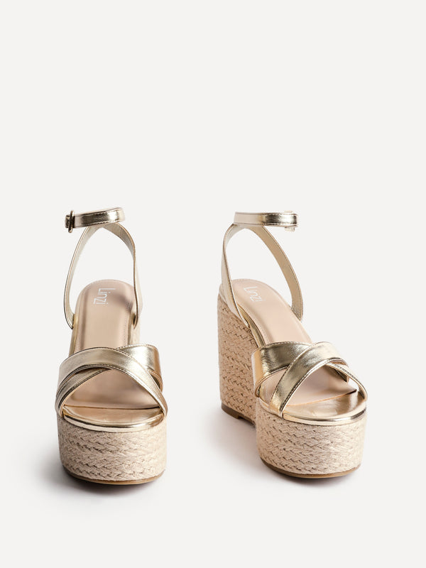 Linzi Gold Faux Leather Crossover Espadrille Wedge