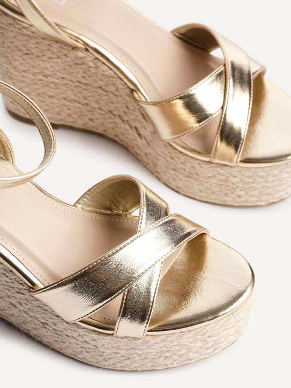 Linzi Gold Faux Leather Crossover Espadrille Wedge