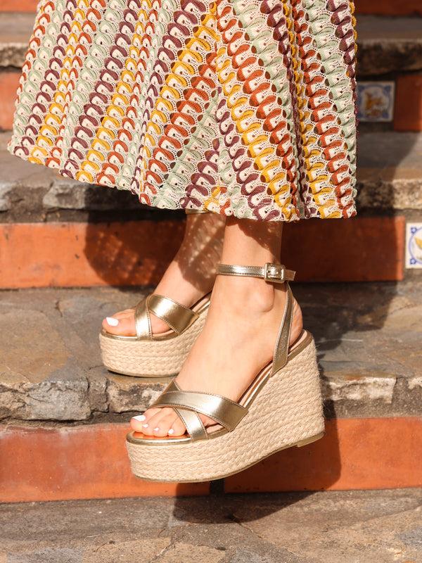 linzi Gold Faux Leather Crossover Espadrille Wedge