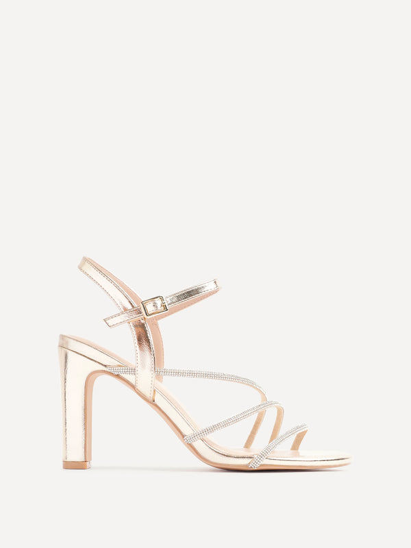 Linzi Gold Faux Leather Diamante Block Heel