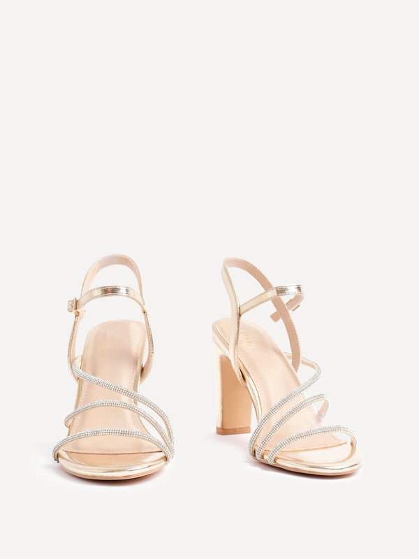 Linzi Gold Faux Leather Diamante Block Heel