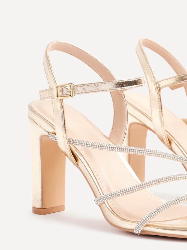 Linzi Gold Faux Leather Diamante Block Heel