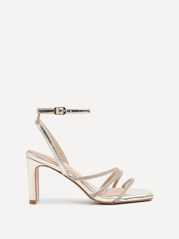Linzi Gold Faux Leather Diamante Block Heel