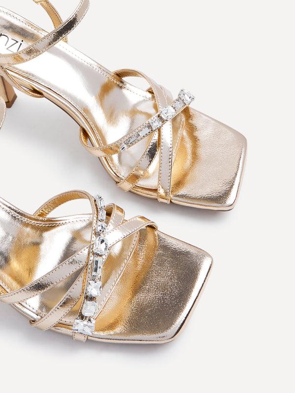Linzi Gold Faux Leather Diamante Embellished Heels