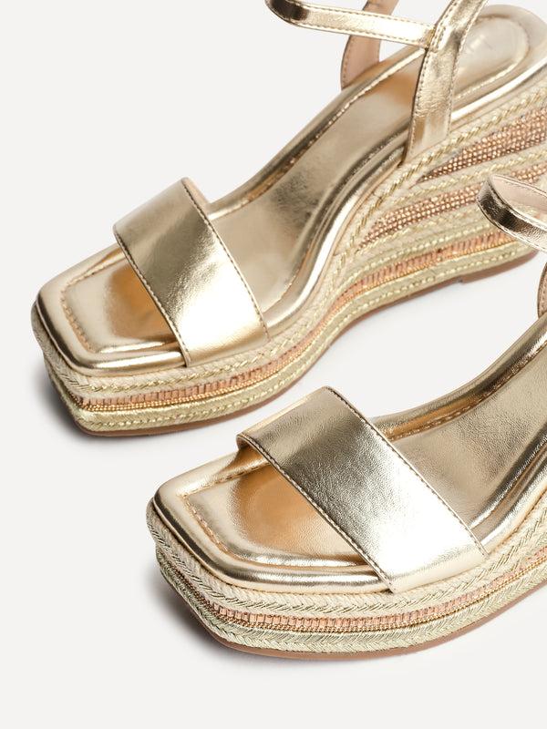 Linzi Gold Faux Leather Embellished Wedge