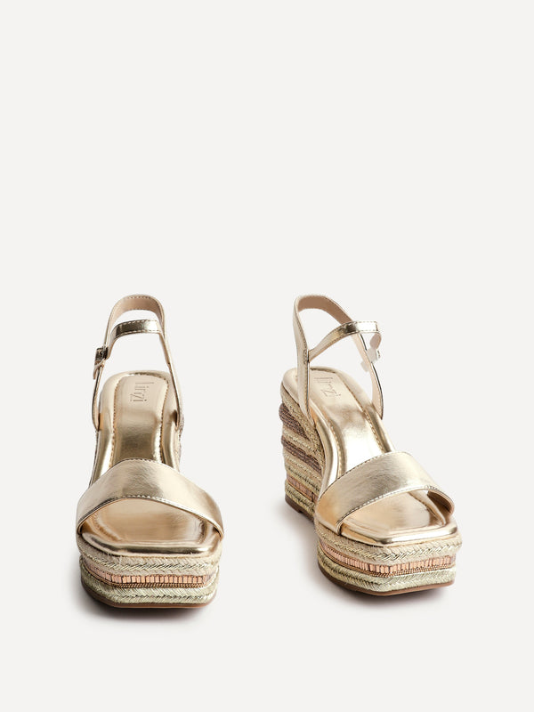 Linzi Gold Faux Leather Embellished Wedge