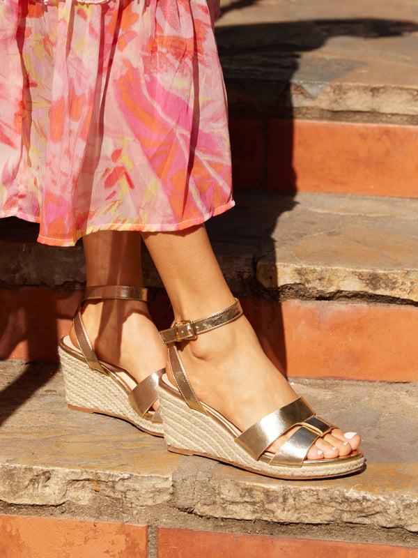 linzi Gold Faux Leather Espadrille Inspired Wedge