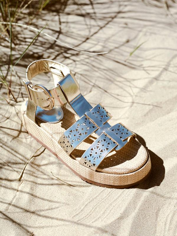 linzi Gold Faux Leather Gladiator Flatform Sandal