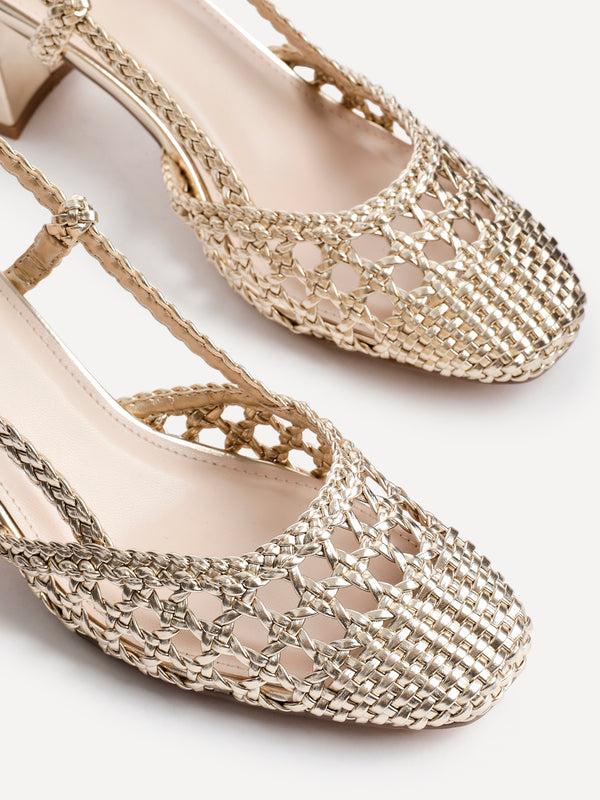 Linzi Gold Faux Leather Hand Woven Court Heels