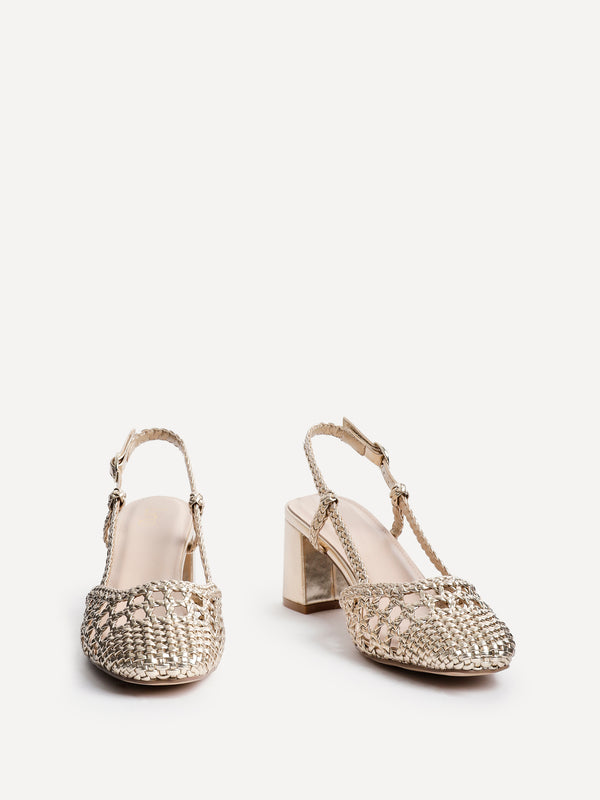 Linzi Gold Faux Leather Hand Woven Court Heels