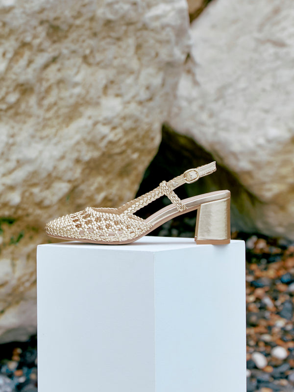 linzi Gold Faux Leather Hand Woven Court Heels
