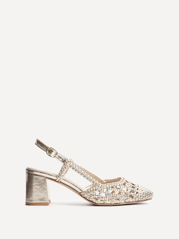 Linzi Gold Faux Leather Hand Woven Court Heels