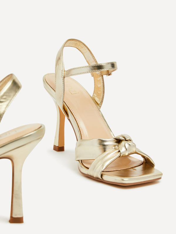 Linzi Gold Faux Leather Knotted Heeled Sandal
