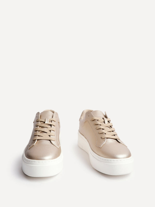 Linzi Gold Faux Leather Lace Up Flatform Trainers