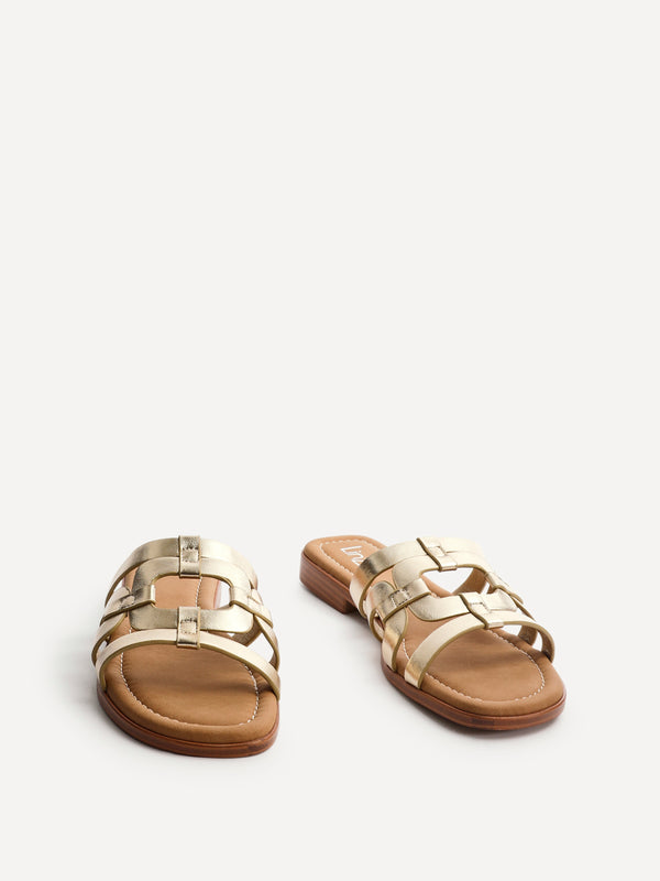 Linzi Gold Faux Leather Linked Flat Slider Sandal
