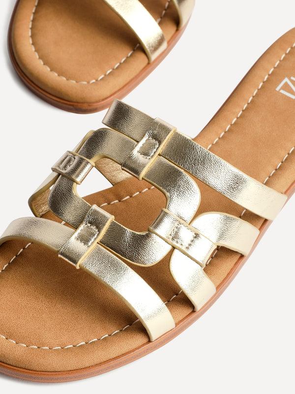 Linzi Gold Faux Leather Linked Flat Slider Sandal