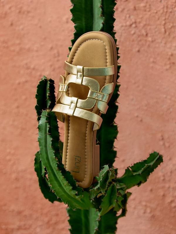 linzi Gold Faux Leather Linked Flat Slider Sandal