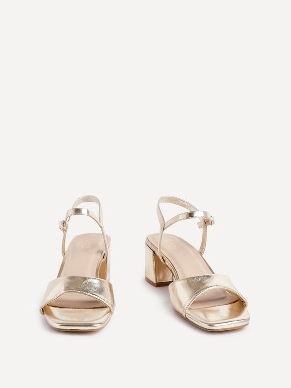 Linzi Gold Faux Leather Low Block Heeled Sandals