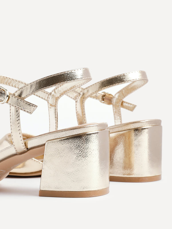 Linzi Gold Faux Leather Low Block Heeled Sandals