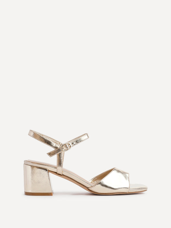 linzi Gold Faux Leather Low Block Heeled Sandals