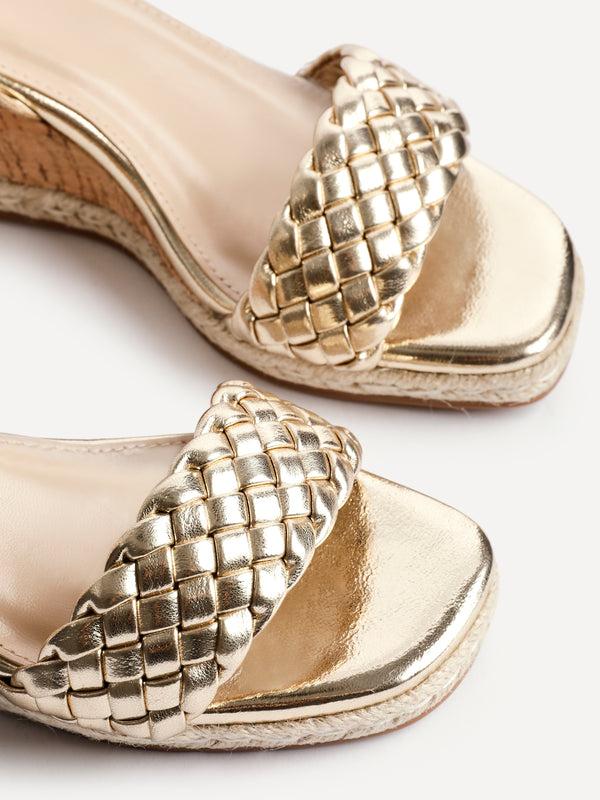 Linzi Gold Faux Leather Plaited Wedge