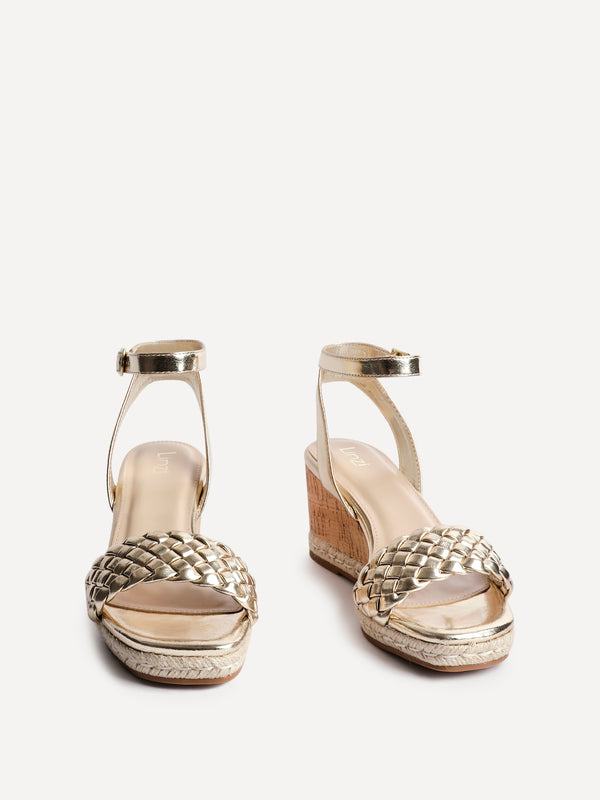 Linzi Gold Faux Leather Plaited Wedge
