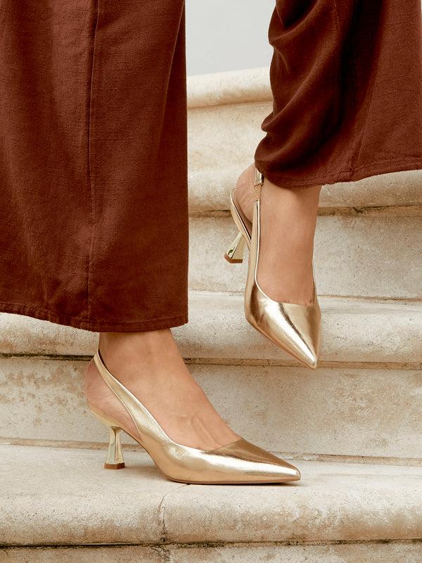 linzi Gold Faux Leather Sling Back Low Court Heel