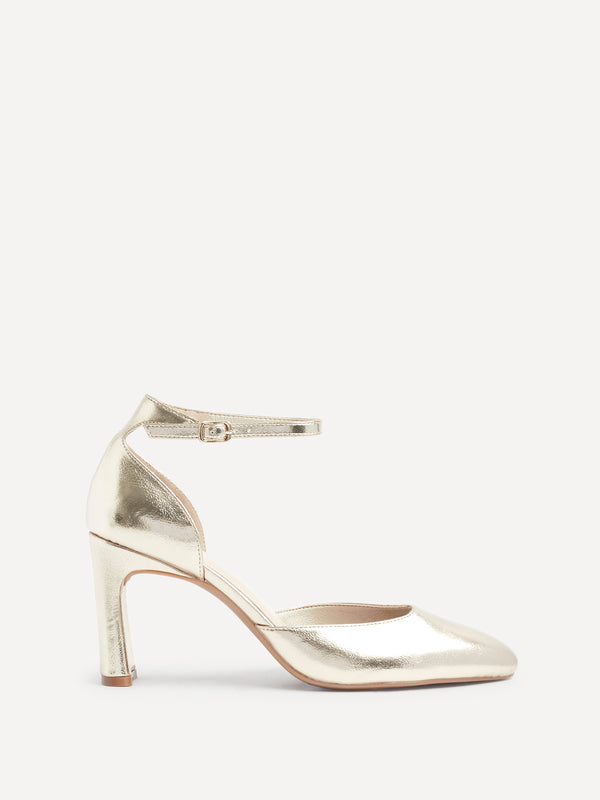 Linzi Gold Faux Leather Square Toe Court Heel