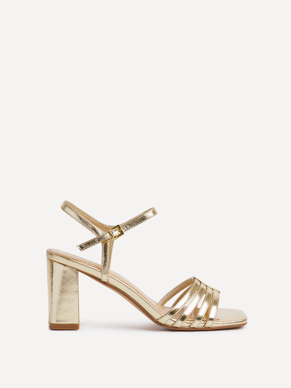 Linzi Gold Faux Leather Strappy Block Heel