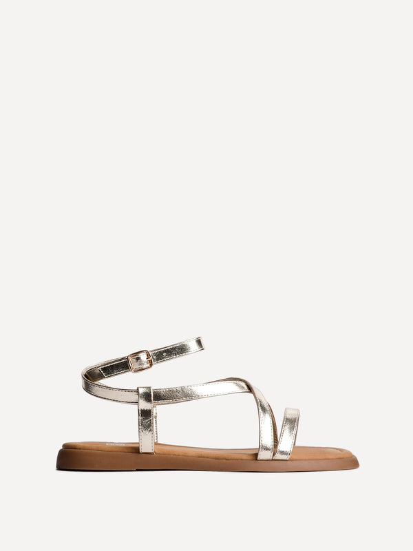 Linzi Gold Faux Leather Strappy Flat Sandals