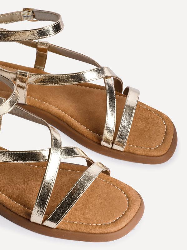 Linzi Gold Faux Leather Strappy Flat Sandals