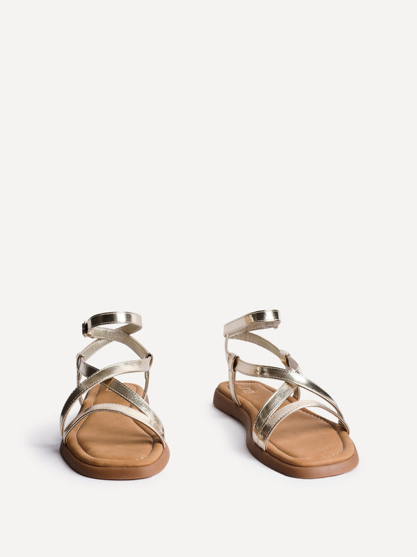 Linzi Gold Faux Leather Strappy Flat Sandals