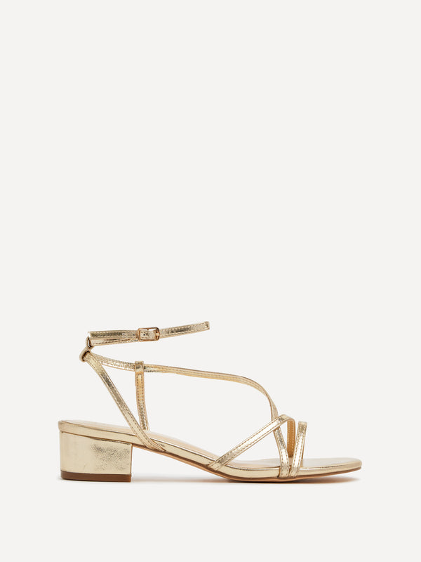 Linzi Gold Faux Leather Strappy Low Block Sandal