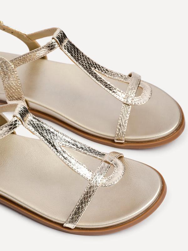 Linzi Gold Faux Leather Textured T-Bar Sandals