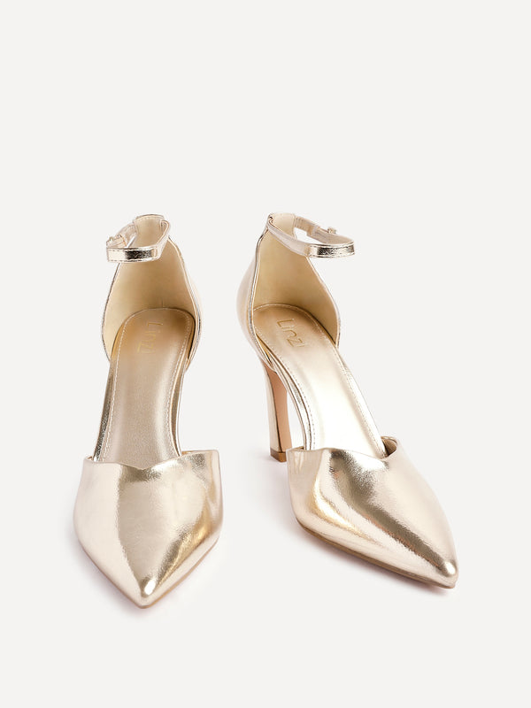 Linzi Gold Faux Leather V Cut Court Heel