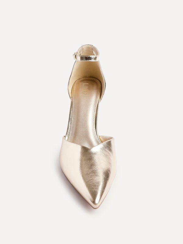 Linzi Gold Faux Leather V Cut Court Heel