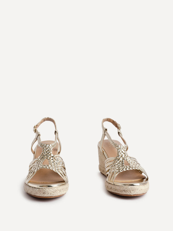 Linzi Gold Faux Leather Woven Espadrille Wedge