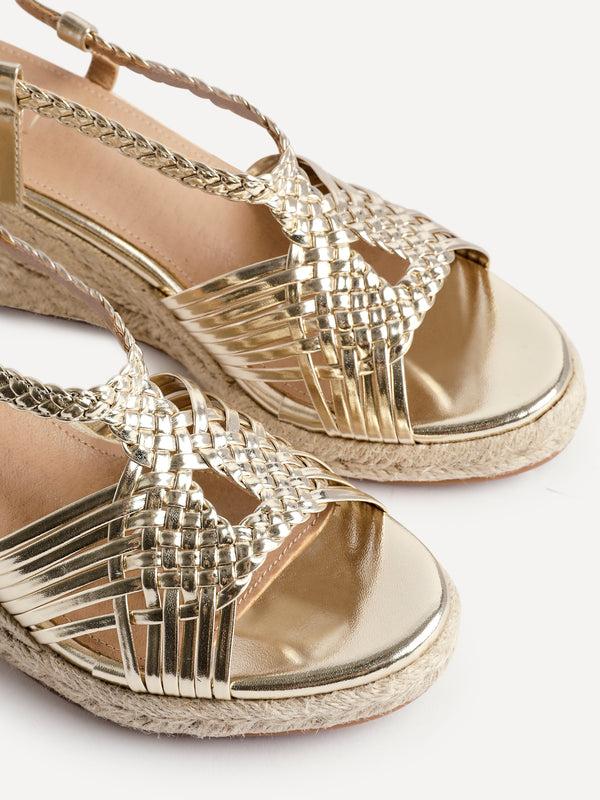 Linzi Gold Faux Leather Woven Espadrille Wedge