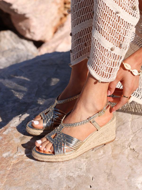 linzi Gold Faux Leather Woven Espadrille Wedge