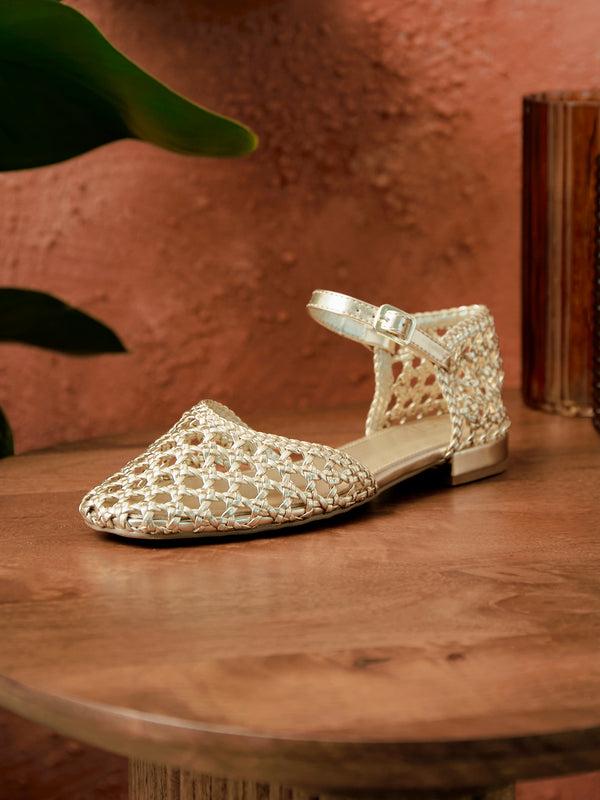 linzi Gold Faux Leather Woven Two Part Sandals
