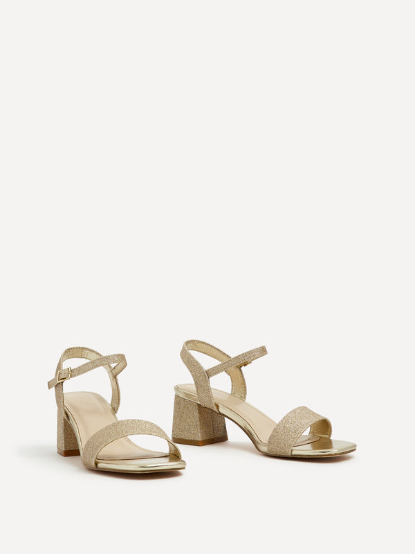 Linzi Gold Glitter Low Chunky Block Heeled Sandal