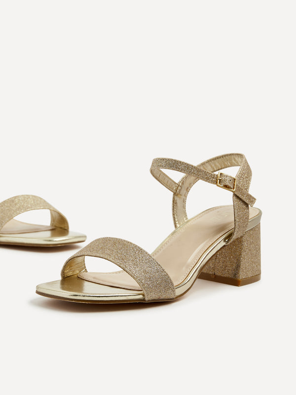 Linzi Gold Glitter Low Chunky Block Heeled Sandal