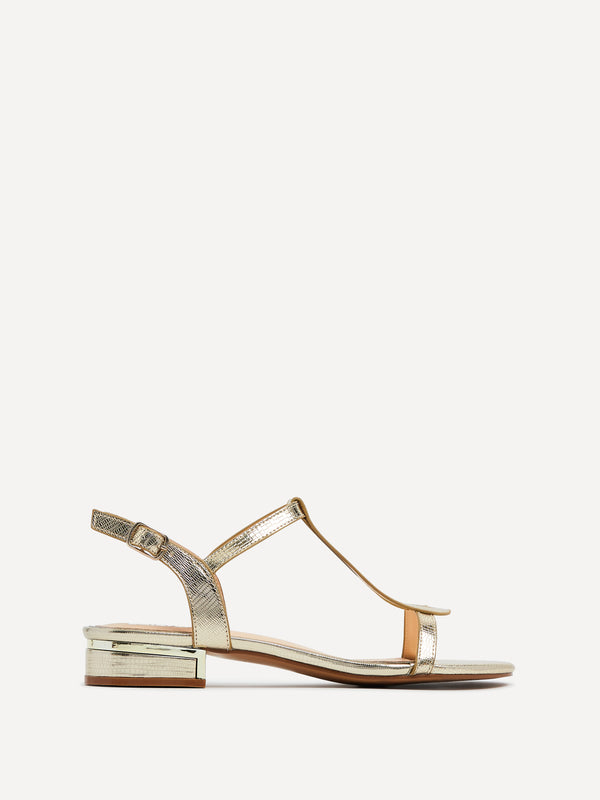 Linzi Gold Lizard T-Bar Looped Low Block Sandal