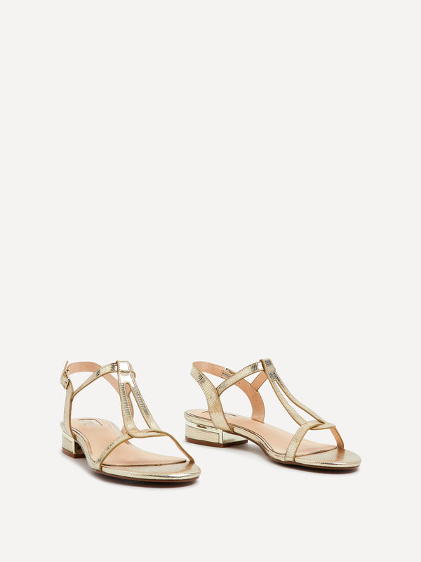 Linzi Gold Lizard T-Bar Looped Low Block Sandal