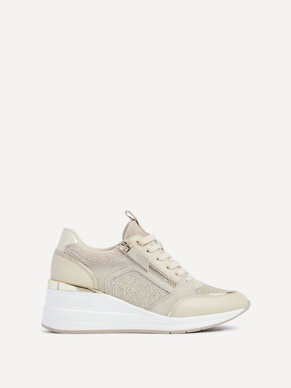 Linzi Gold & Nude Wedged Trainer With Zip Detail