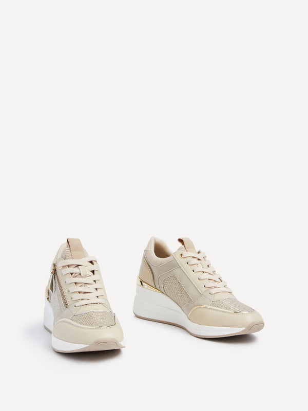 Linzi Gold & Nude Wedged Trainer With Zip Detail